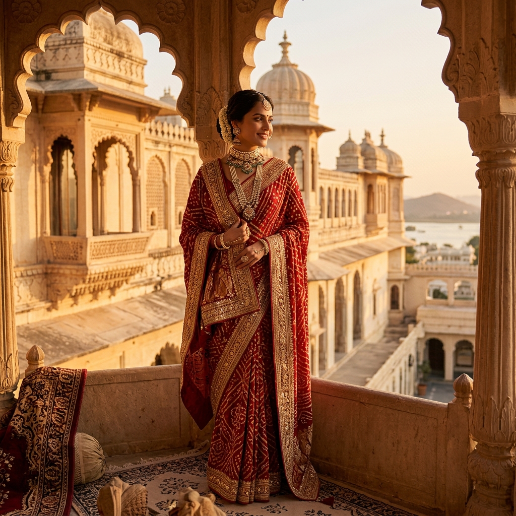 Indian woman in red and gold lehenga